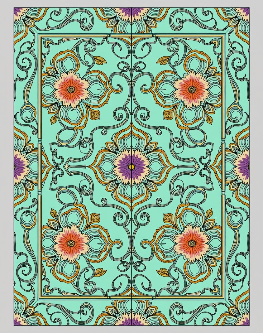 Aqua Floral Medallion Art Nouveau Rug