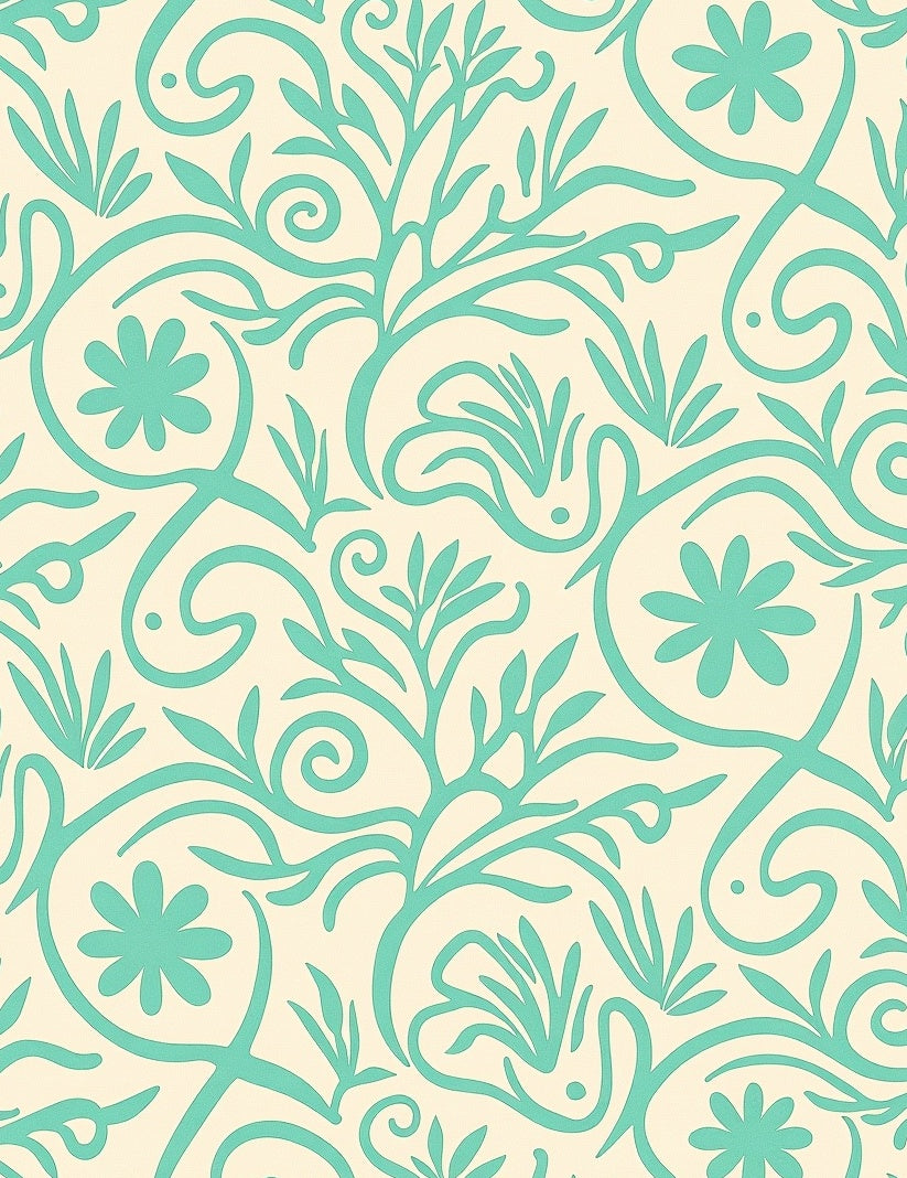 Cream And Teal Floral Swirls Rug