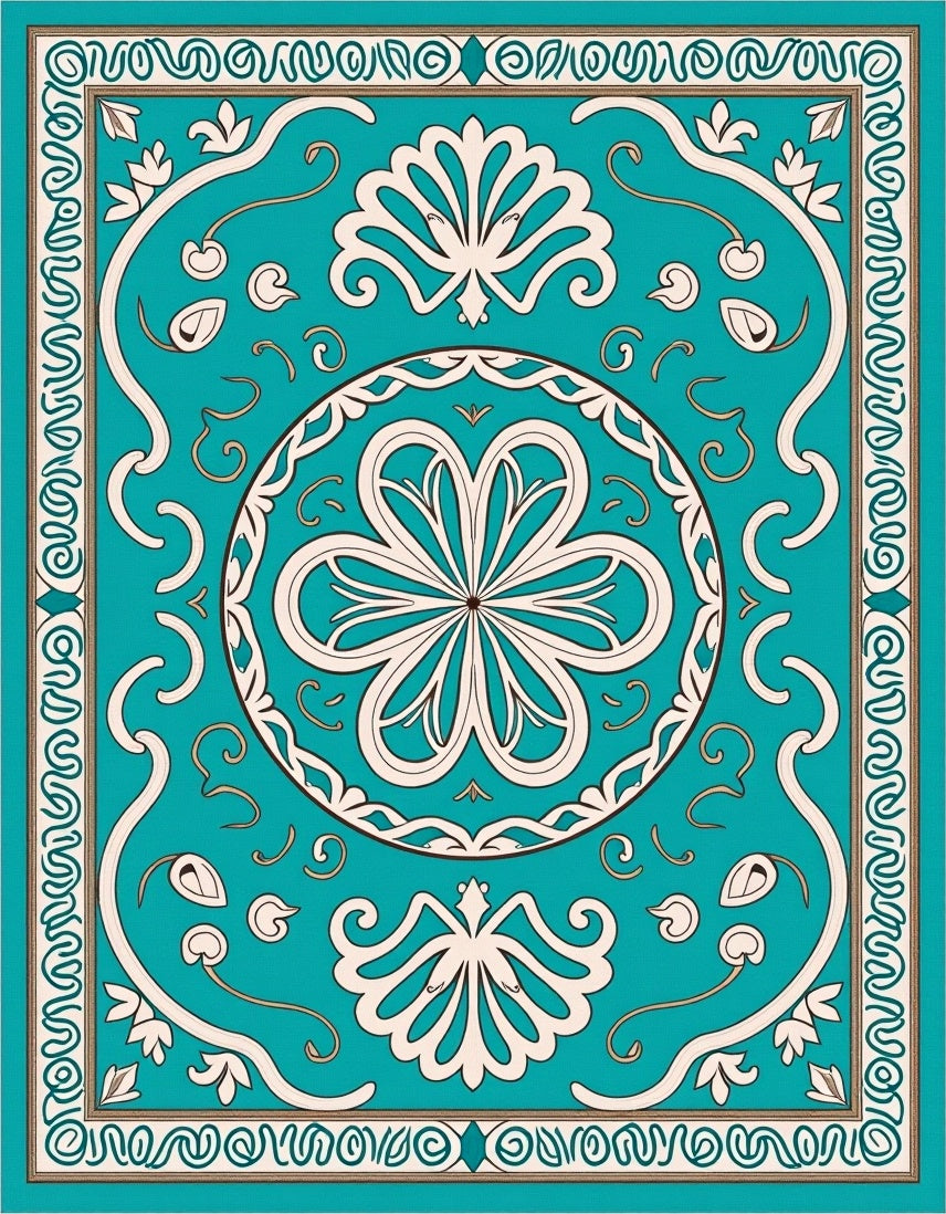 Ornate Teal Floral Medallion Border Rug