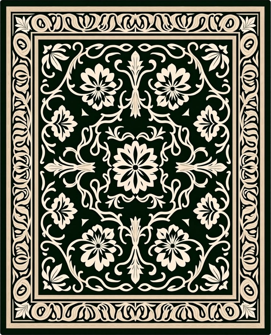 Black Ivory Floral Scroll Medallion Rug