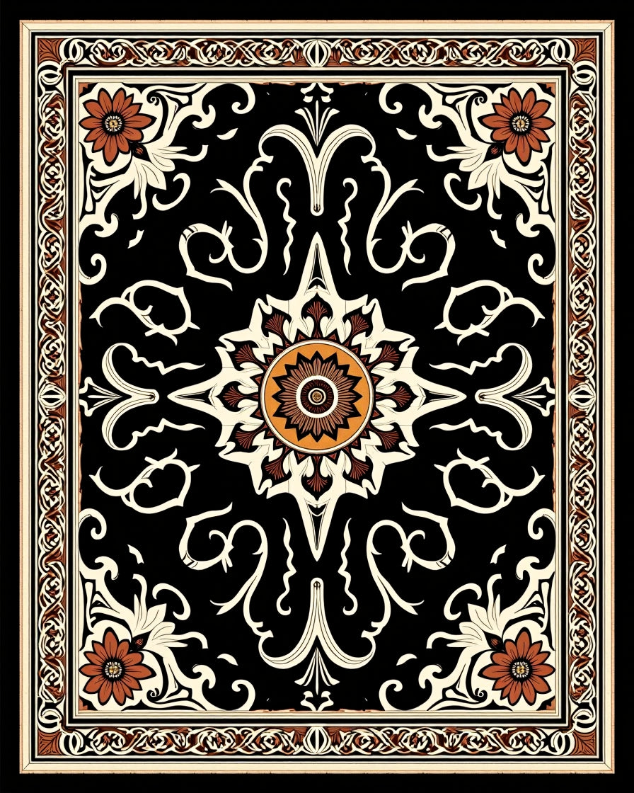 Ornate Black Floral Medallion Rug