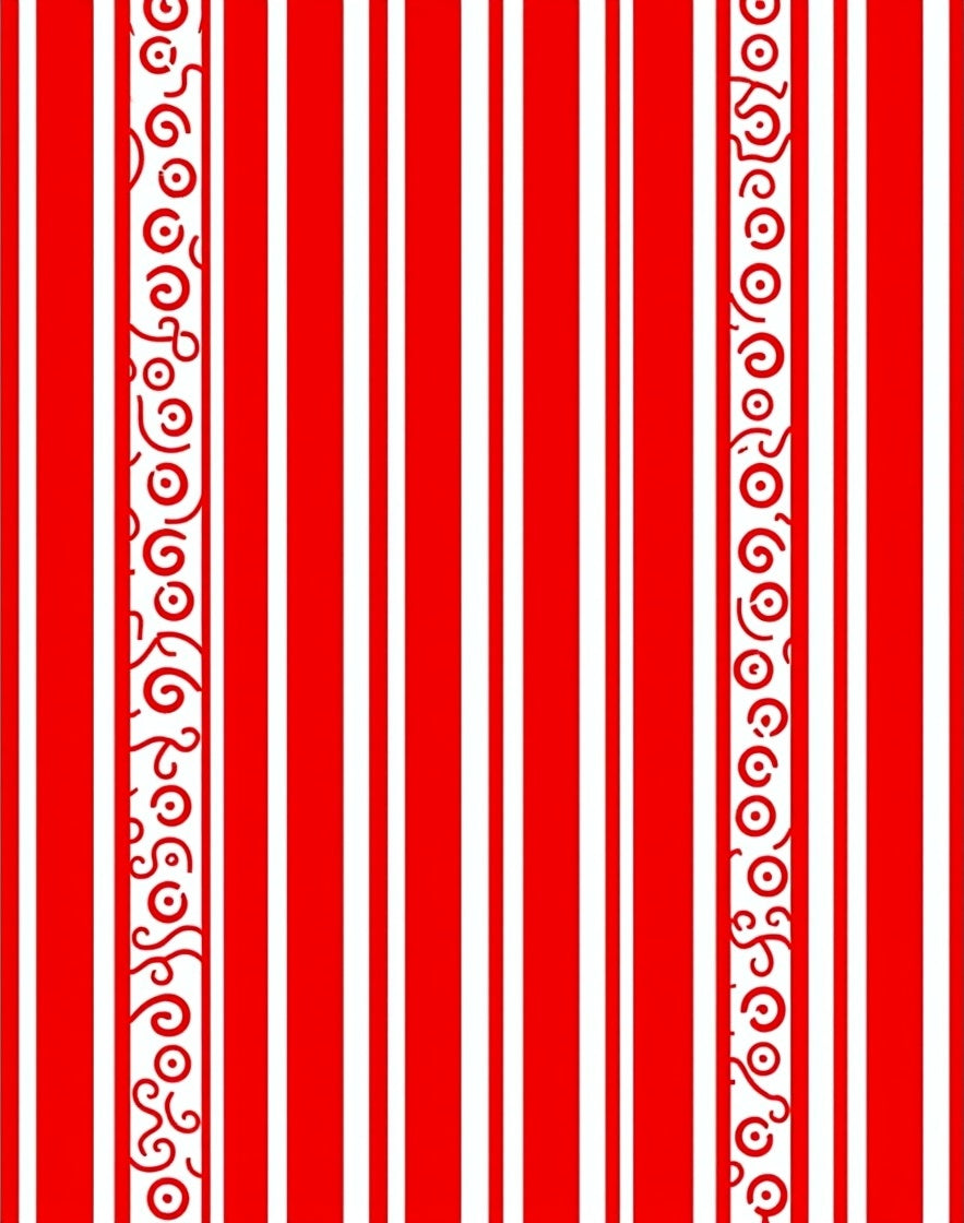 Bold Red White Vertical Stripe Scroll Rug