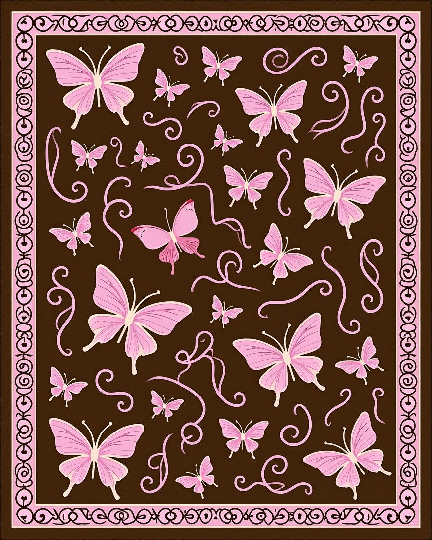 Pink Butterflies Swirls Brown Field Rug