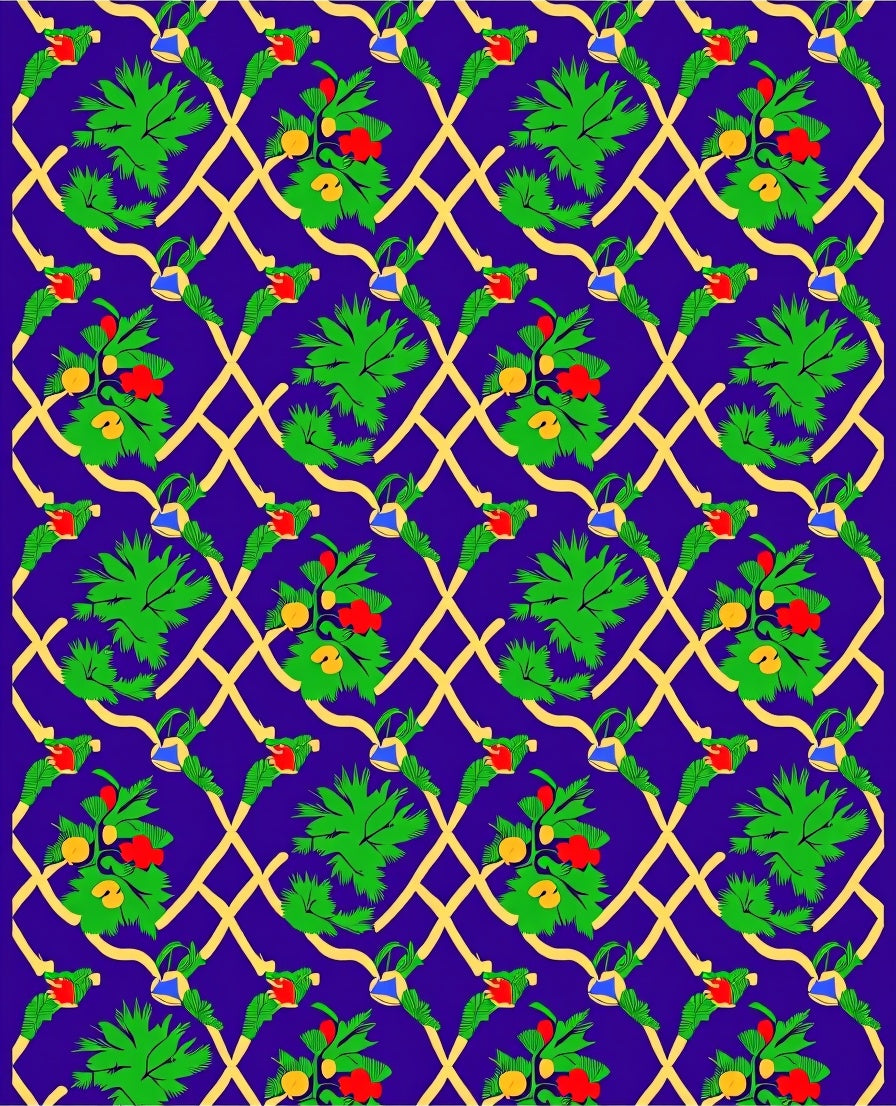 Indigo Lattice Green Fruit Garland Rug