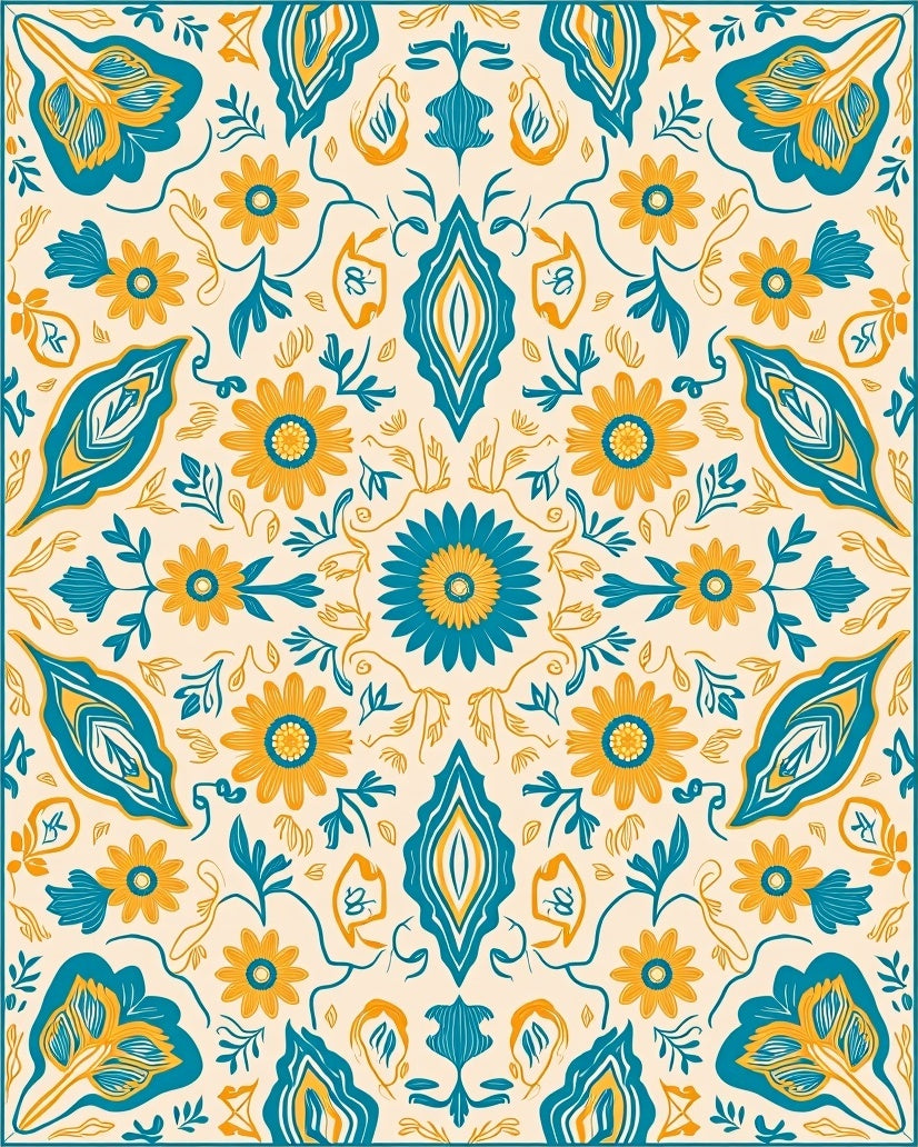 Teal Ochre Floral Mirror Medallion Rug