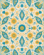 Teal Ochre Floral Mirror Medallion Rug
