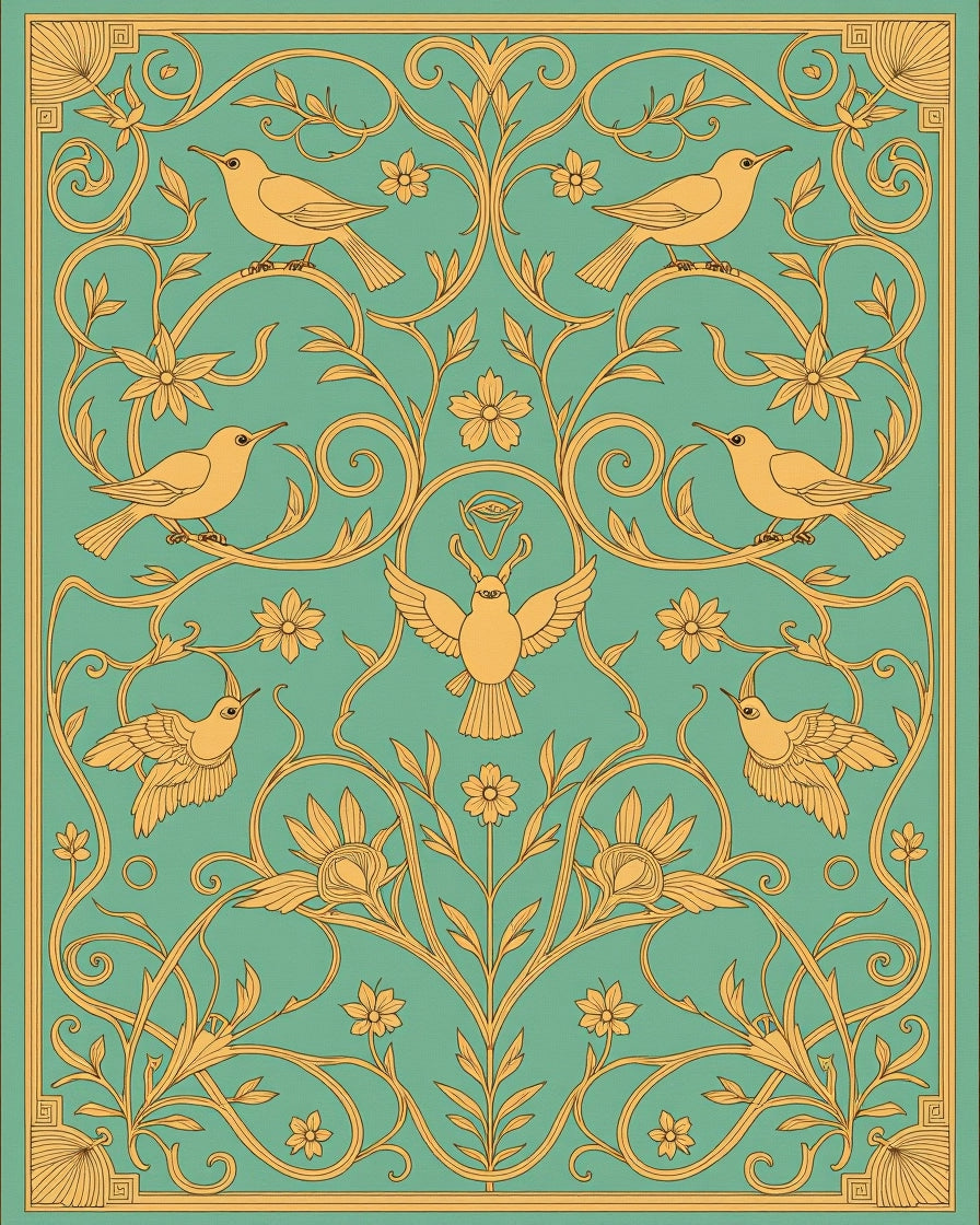 Golden Birds Teal Floral Scroll Rug
