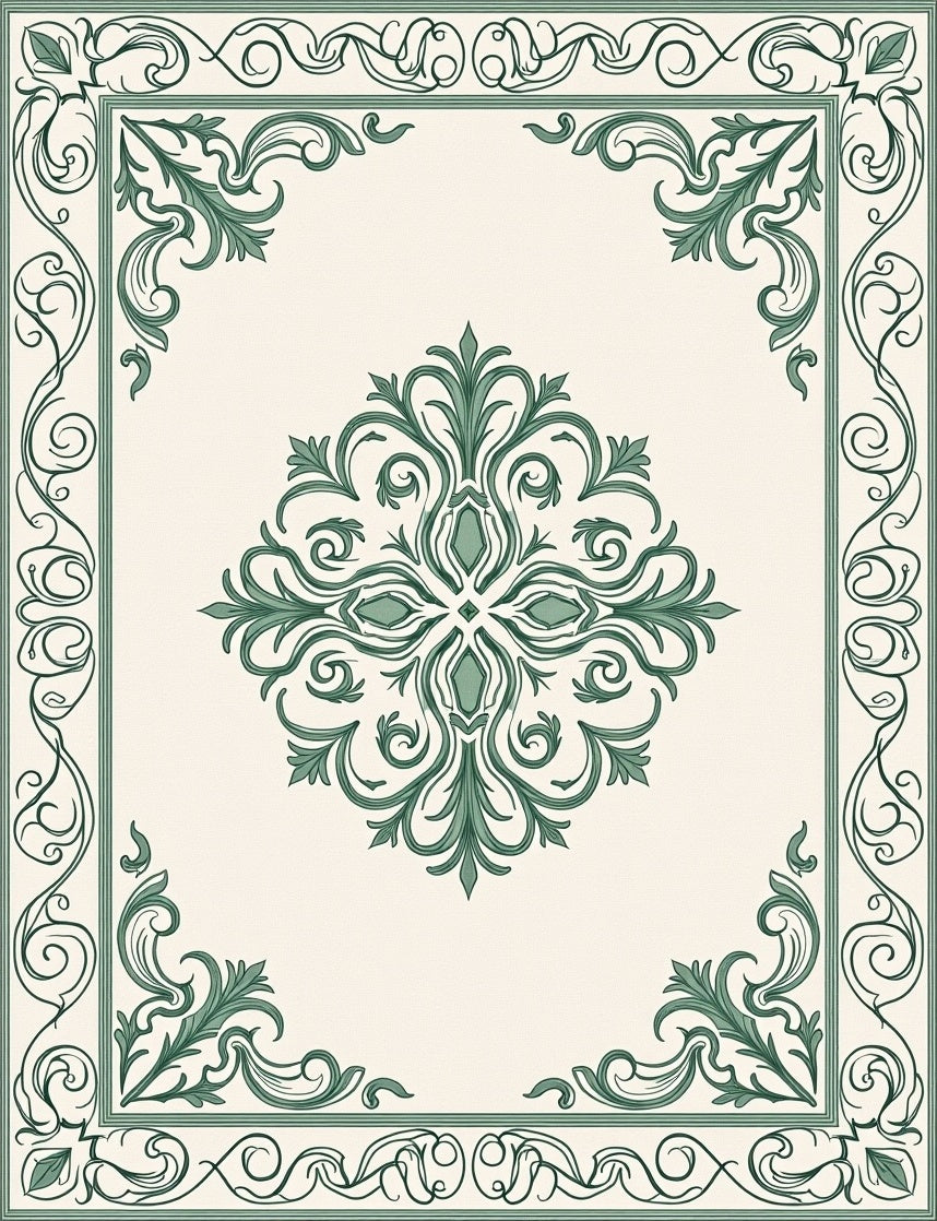 Classic Green Ornamental Scrollwork Rug
