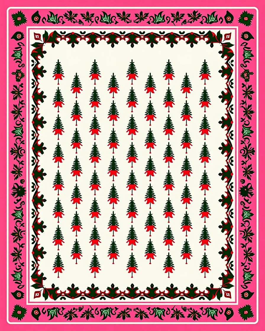 Whimsical Evergreen Trees Pink Border Rug