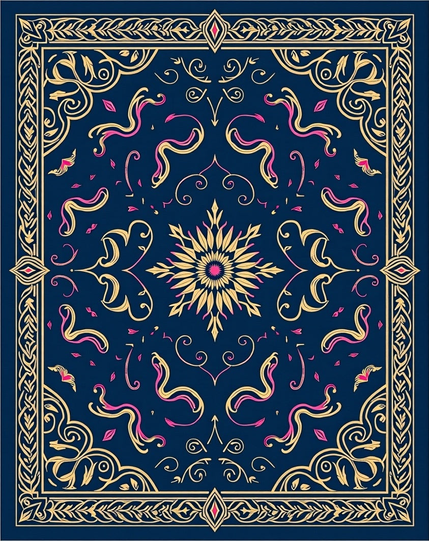 Navy Gold Pink Floral Medallion Accents Rug