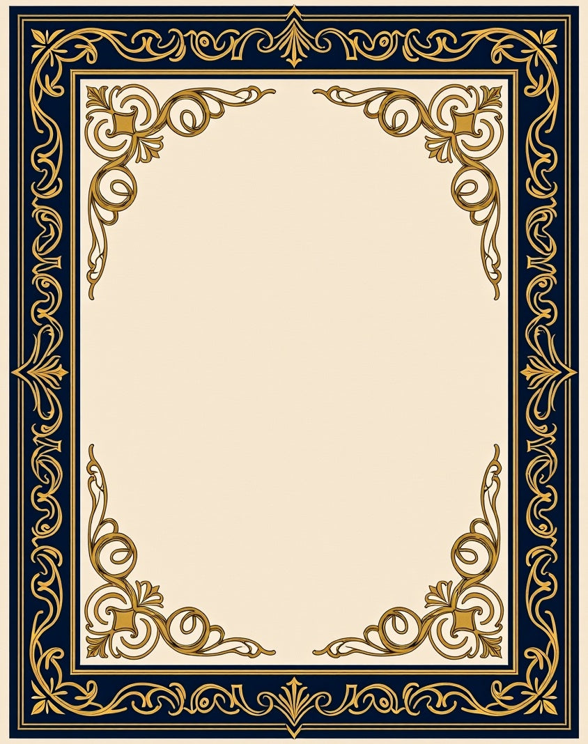 Elegant Navy Gold Scrollwork Border Rug