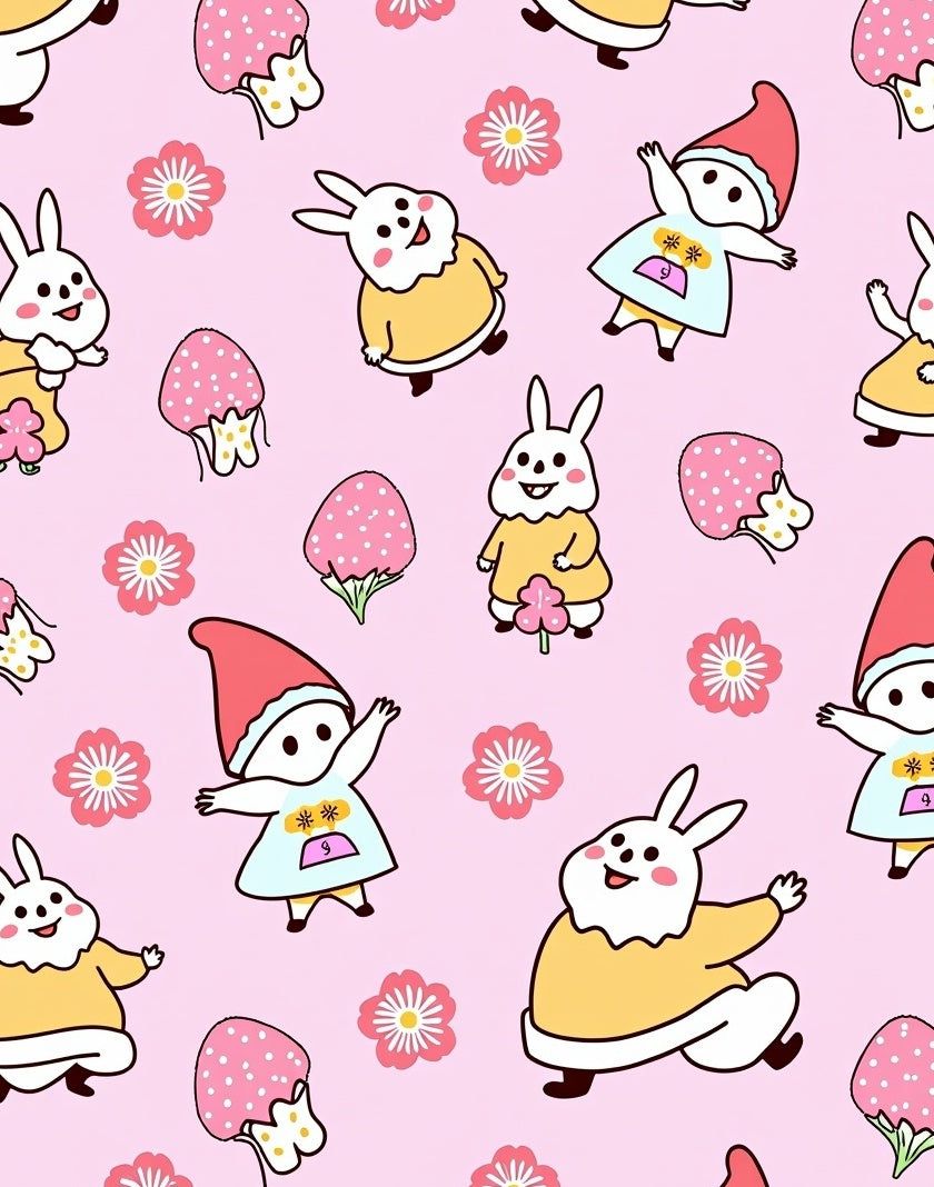Whimsical Pink Bunny and Gnome Garden Rug