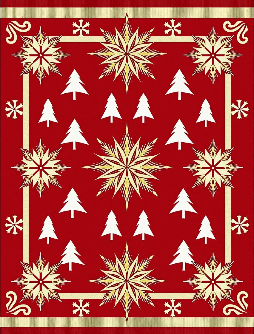 Red and Gold Snowflake Tree Medallion Rug