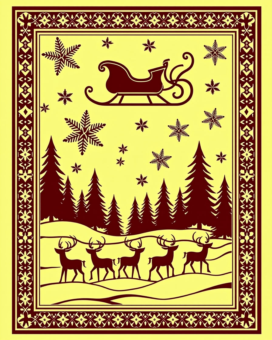 Winter Scene Sleigh Deer Snowflakes Border Rug