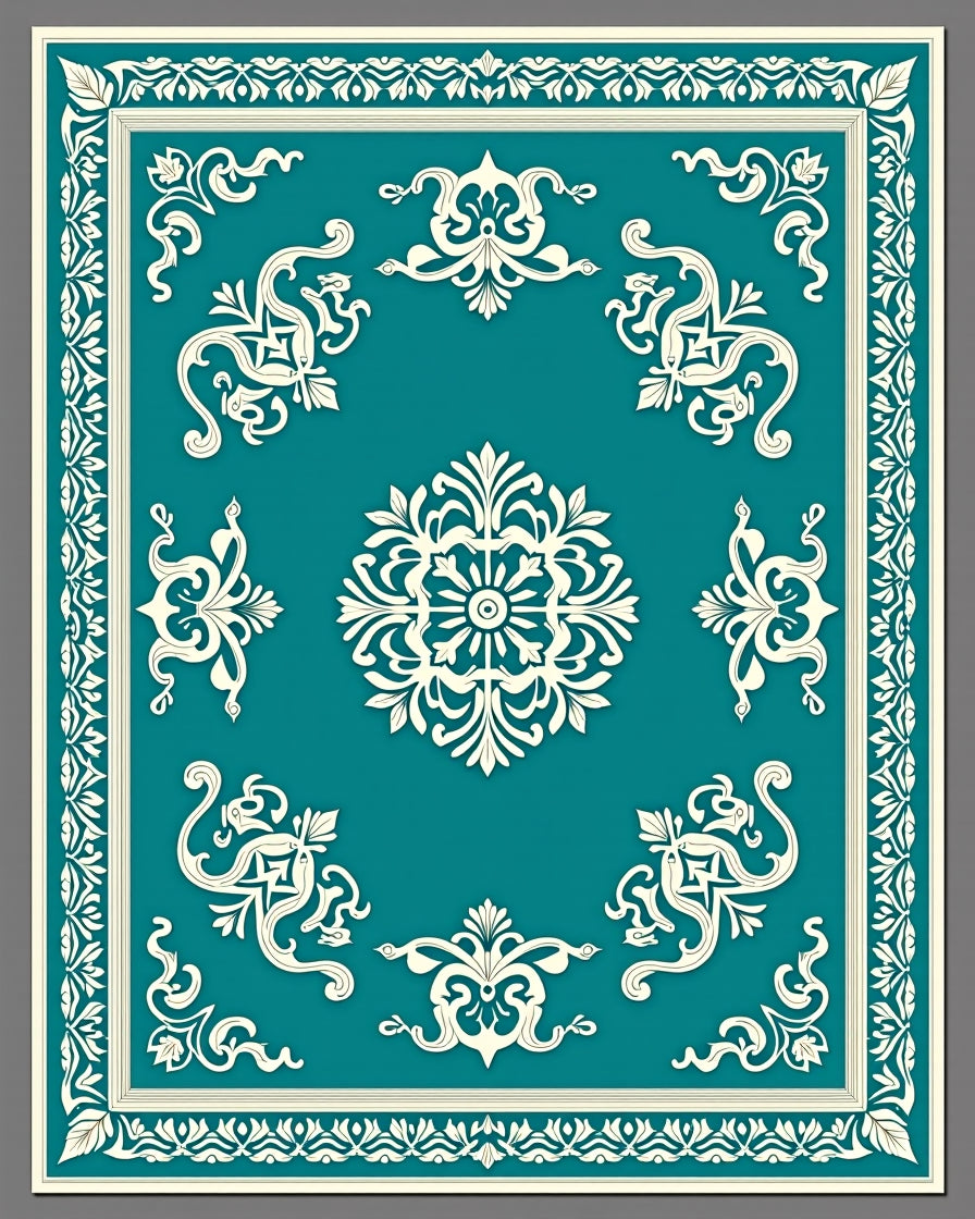 Turquoise White Scrollwork Medallion Border Rug