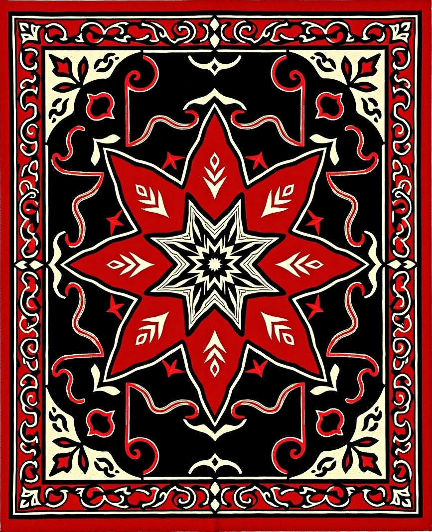Bold Red Starburst Black Medallion Rug