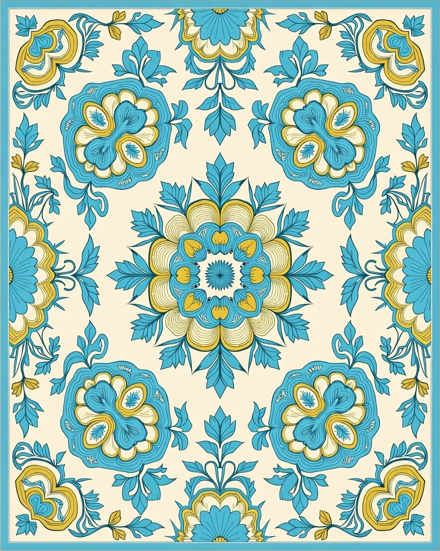 Aqua Yellow Floral Medallion Rug