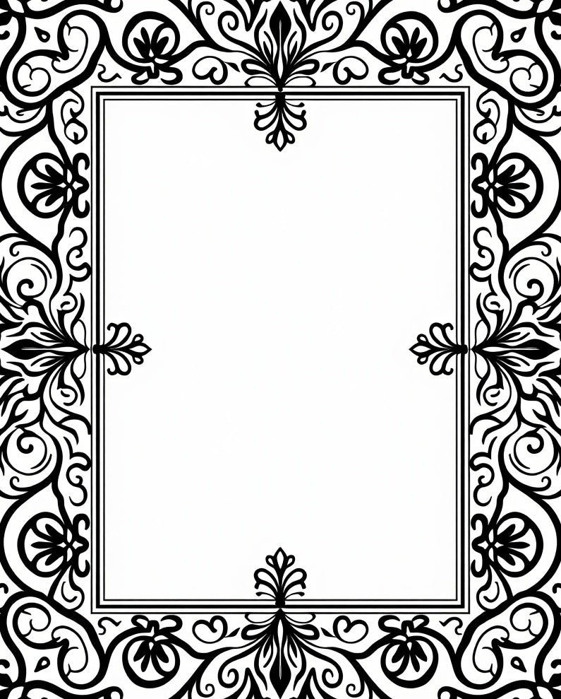 Black Rococo Scrollwork Floral Border Rug