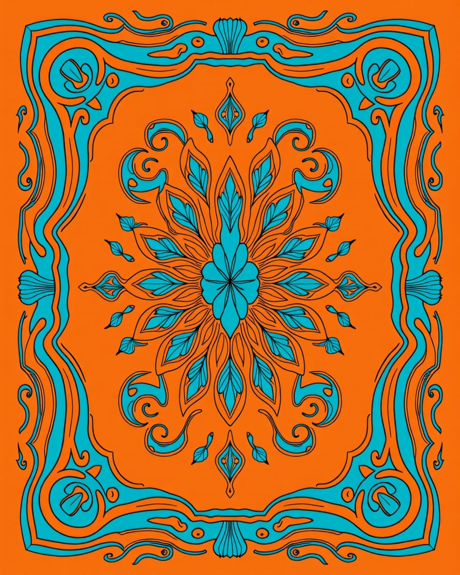 Bright Orange Teal Floral Medallion Border Rug