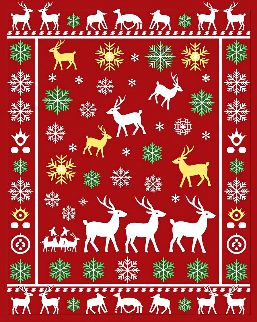 Red Reindeer Snowflake Holiday Scene Rug