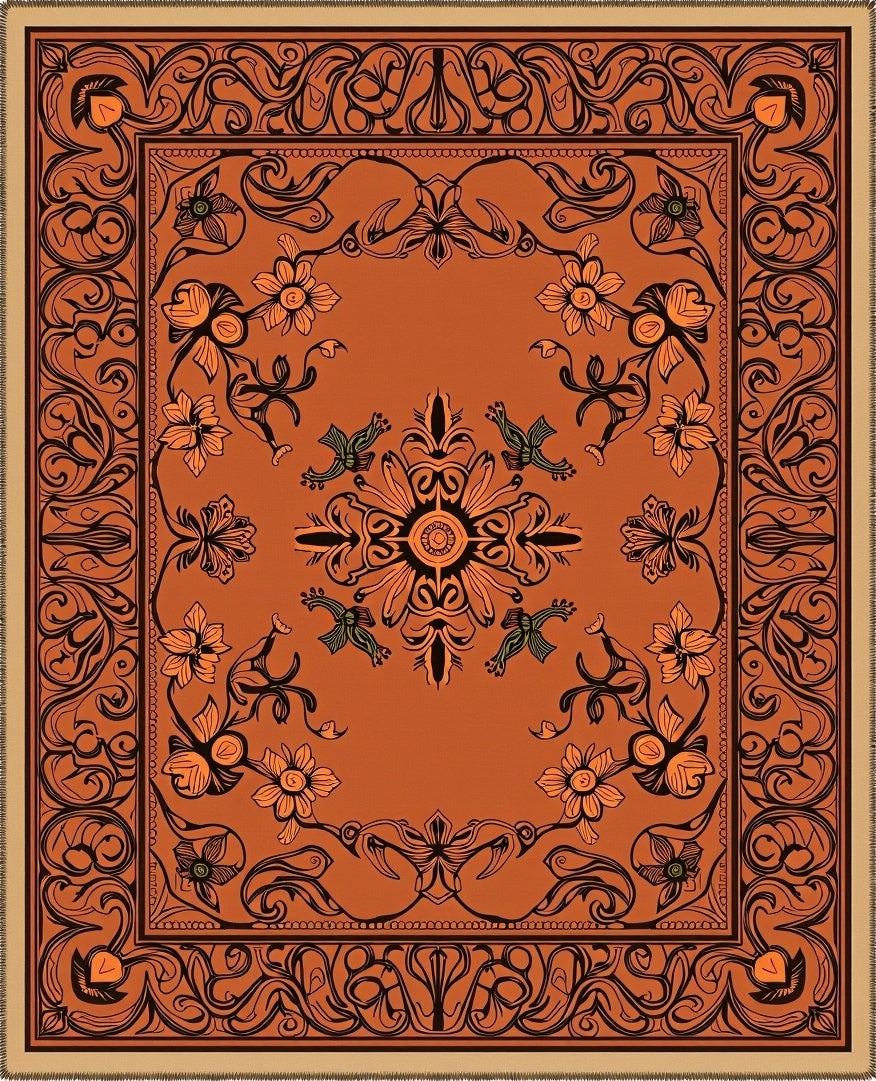 Fiery Orange Floral Medallion Accent Rug