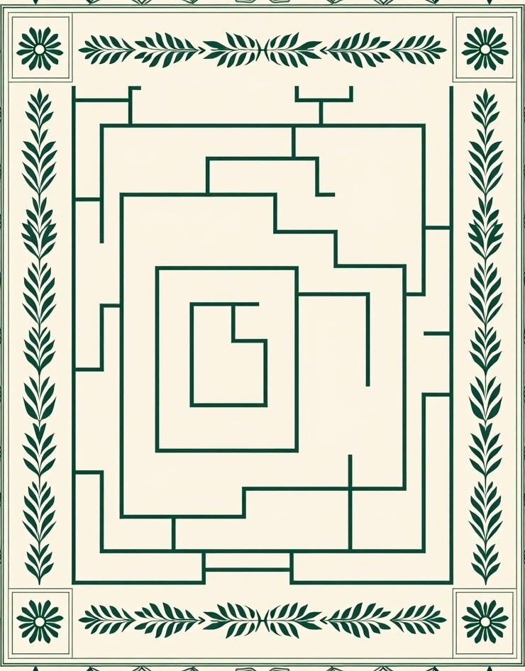 Cream and Emerald Maze Botanical Border Rug