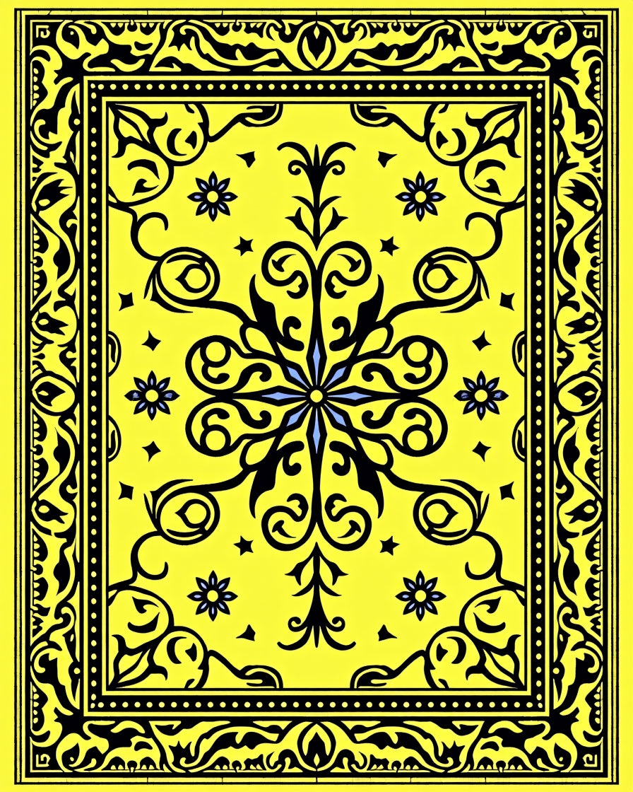 Vibrant Yellow Black Floral Medallion Rug