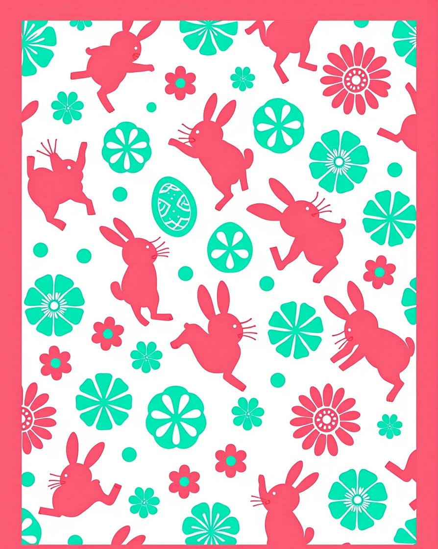 Coral Easter Bunnies Teal Flowers Round Rug