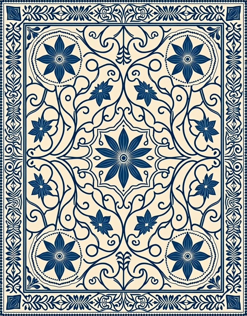 Deep Blue Floral Medallion Scrollwork Rug
