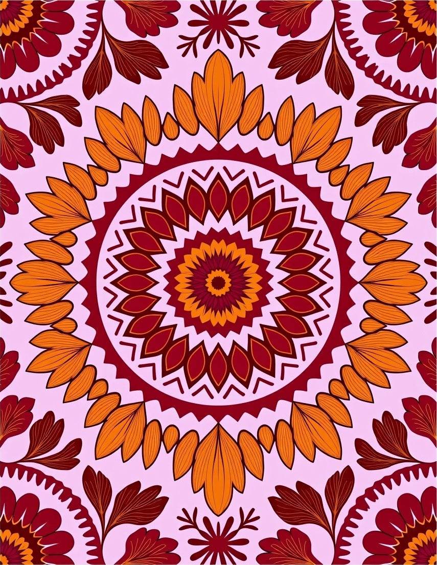 Crimson Orange Floral Sunburst Mandala Rug