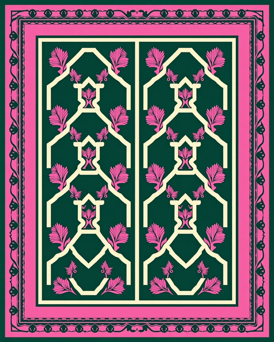 Emerald Pink Geometric Floral Lattice Rug
