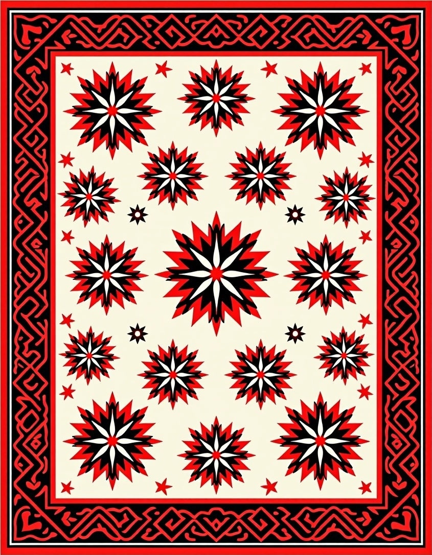 Red Black Cream Starburst Border Rug