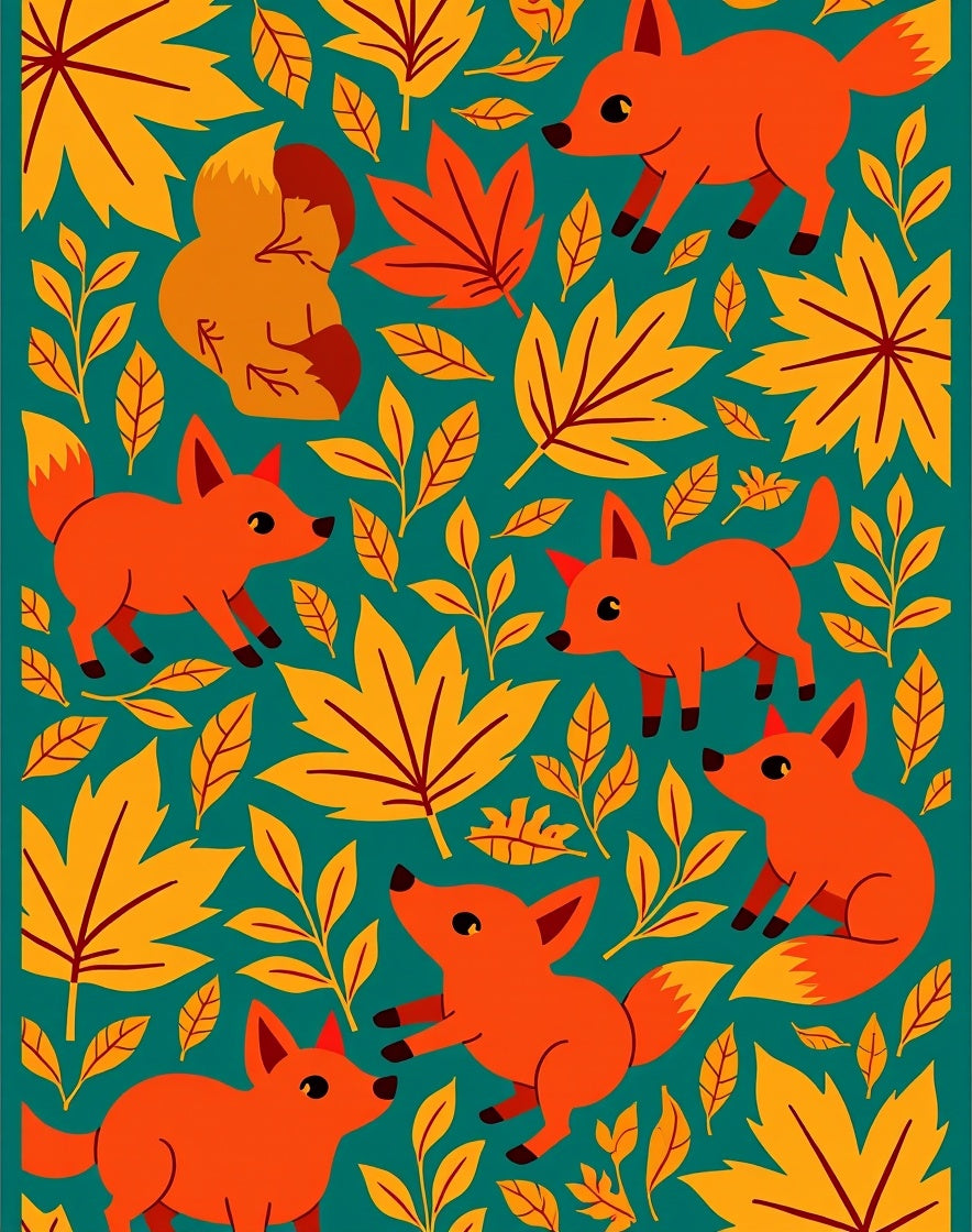 Playful Orange Fox Autumn Leaves Teal Rug
