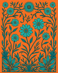 Teal Floral Vine Orange Background Rug