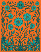 Teal Floral Vine Orange Background Rug