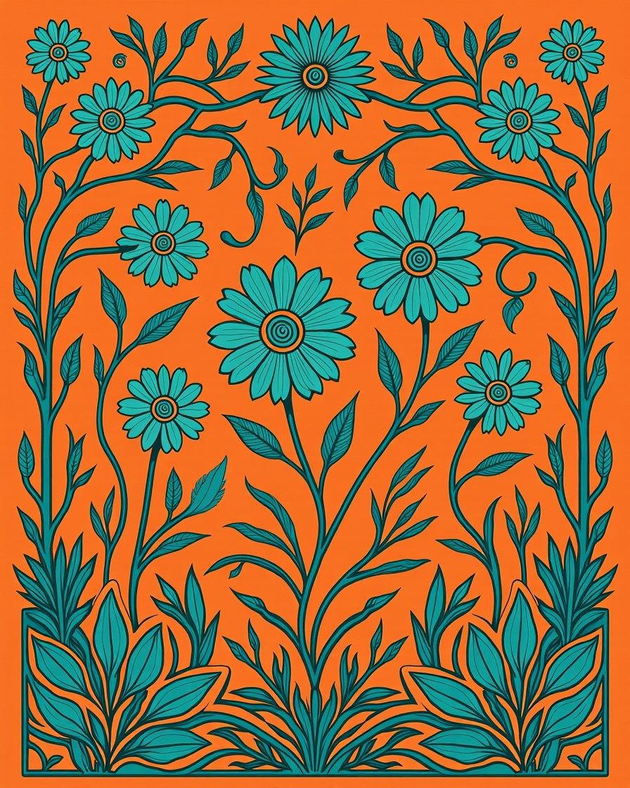 Teal Floral Vine Orange Background Rug
