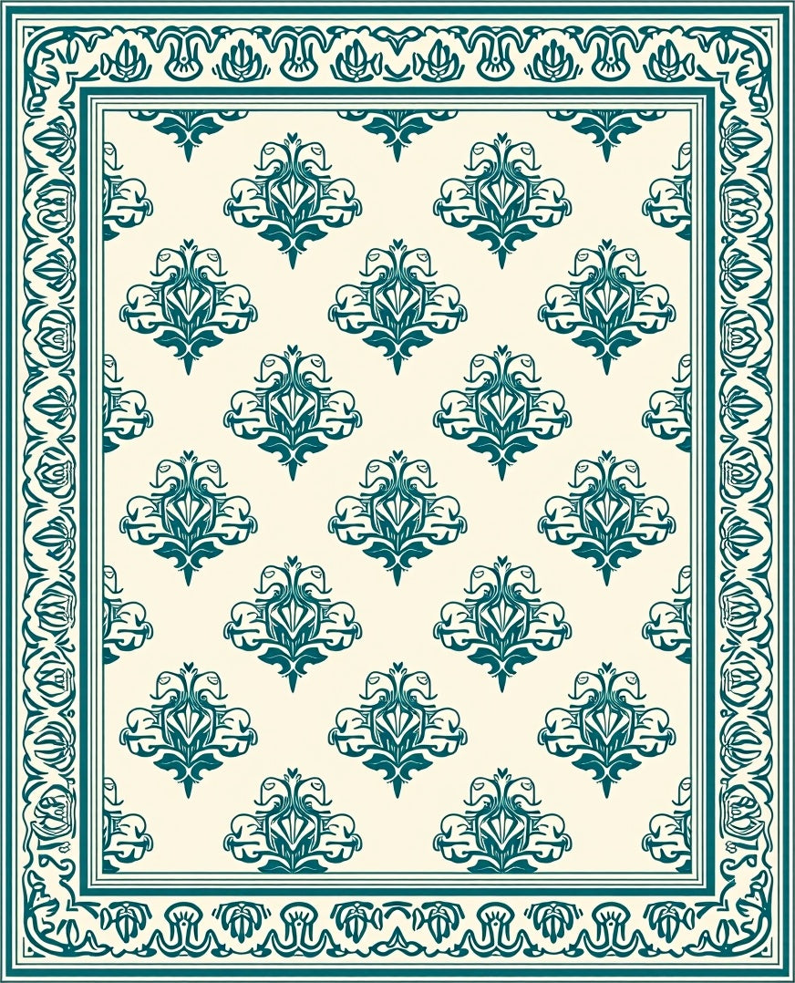 Teal Scroll Frame With Cream Medallion Rug