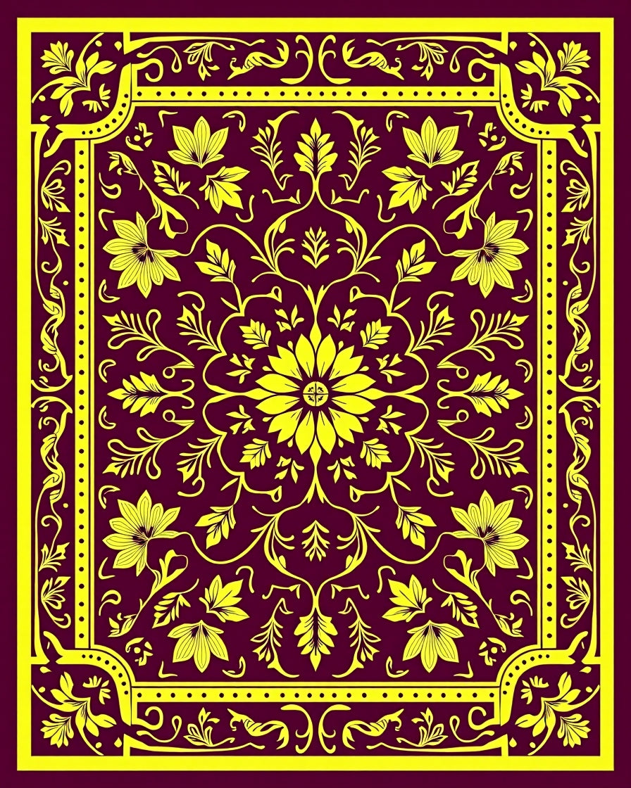 Yellow Floral Medallion Burgundy Border Rug