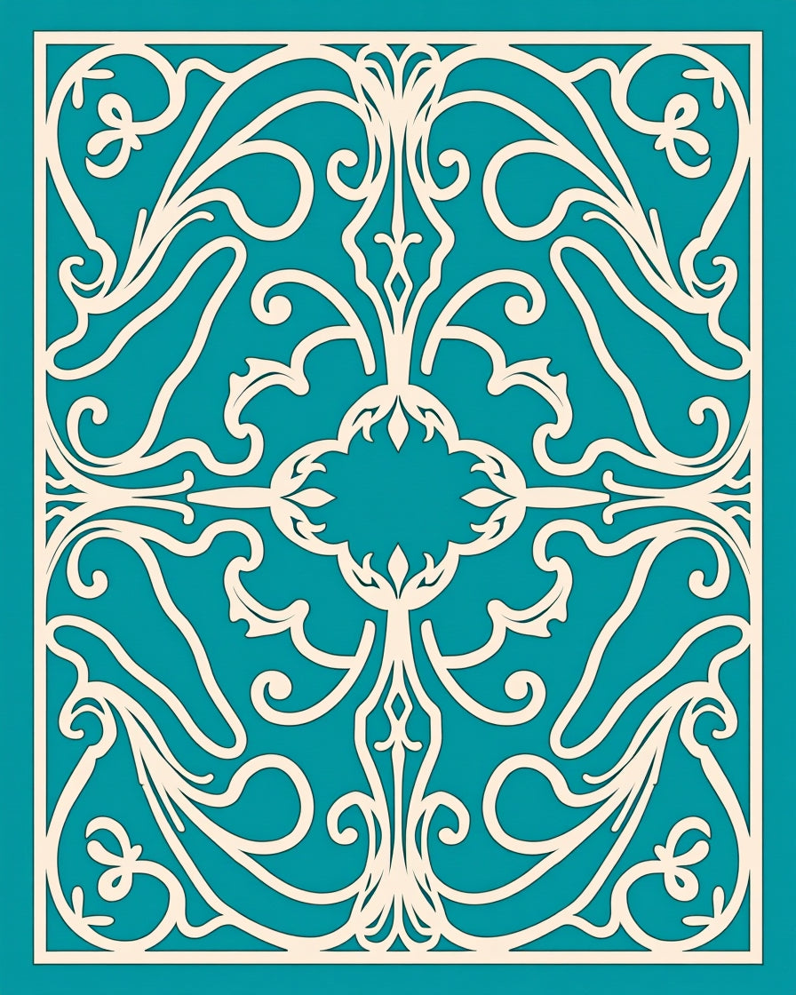 Cream Teal Elaborate Scrollwork Rug