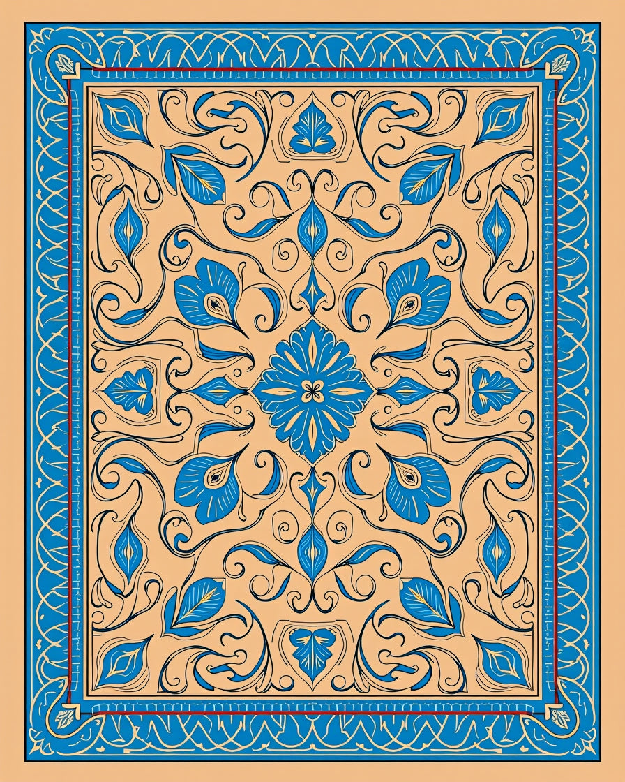 Blue Floral Medallion Tan Border Rug
