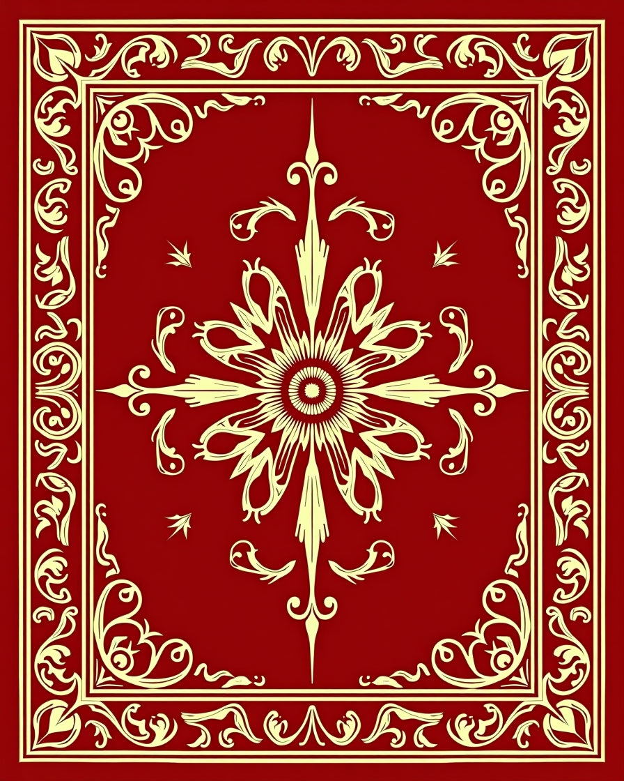 Rich Crimson Ornate Sunburst Border Rug
