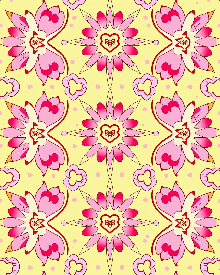 Pink Floral Heart Medallion Yellow Rug