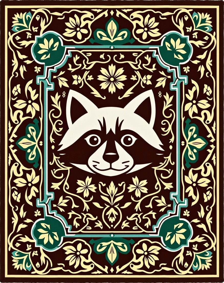Whimsical Raccoon Floral Medallion Brown Rug