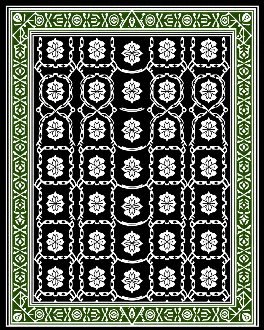 Black White Green Floral Lattice Border Rug