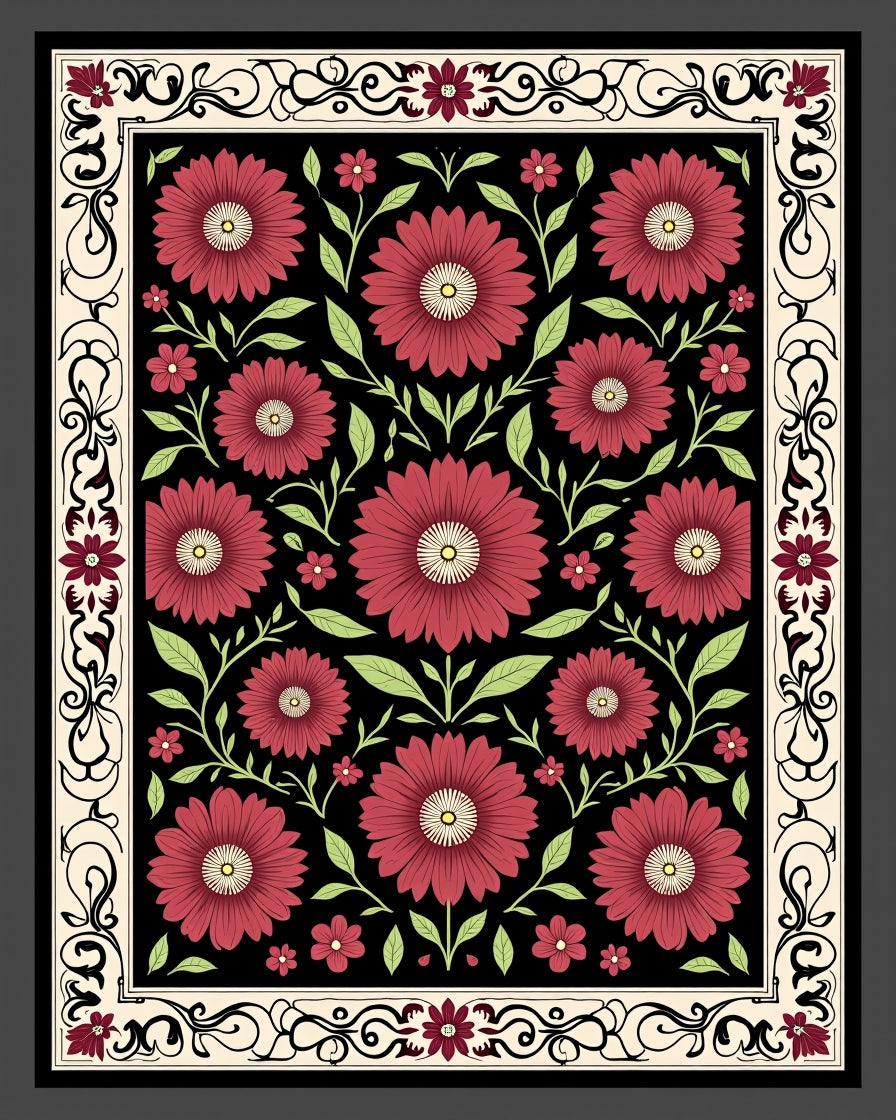 Crimson Dahlia Floral Garden Border Rug