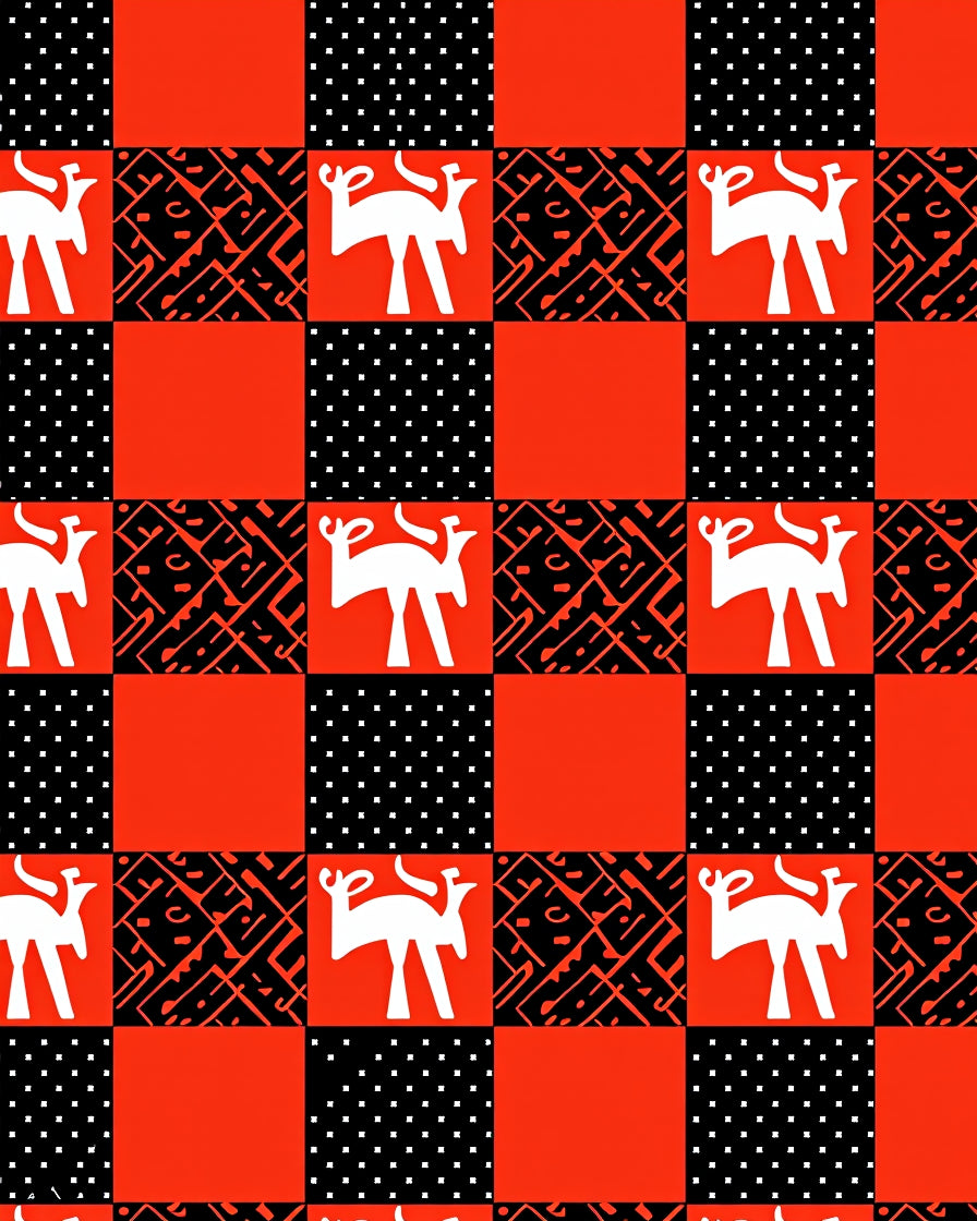 Bold Red White Deer Checkered Geometric Rug