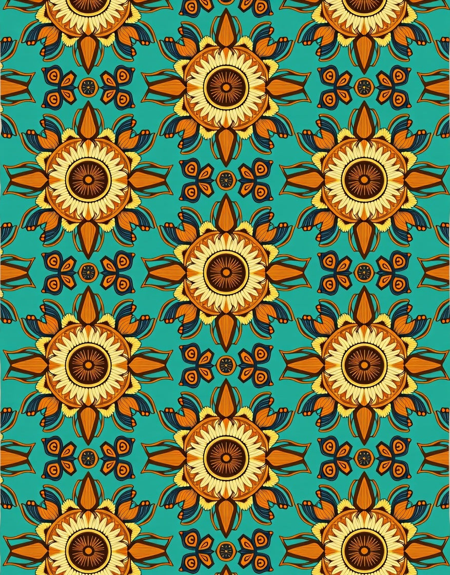 Teal Orange Yellow Sunburst Floral Rug