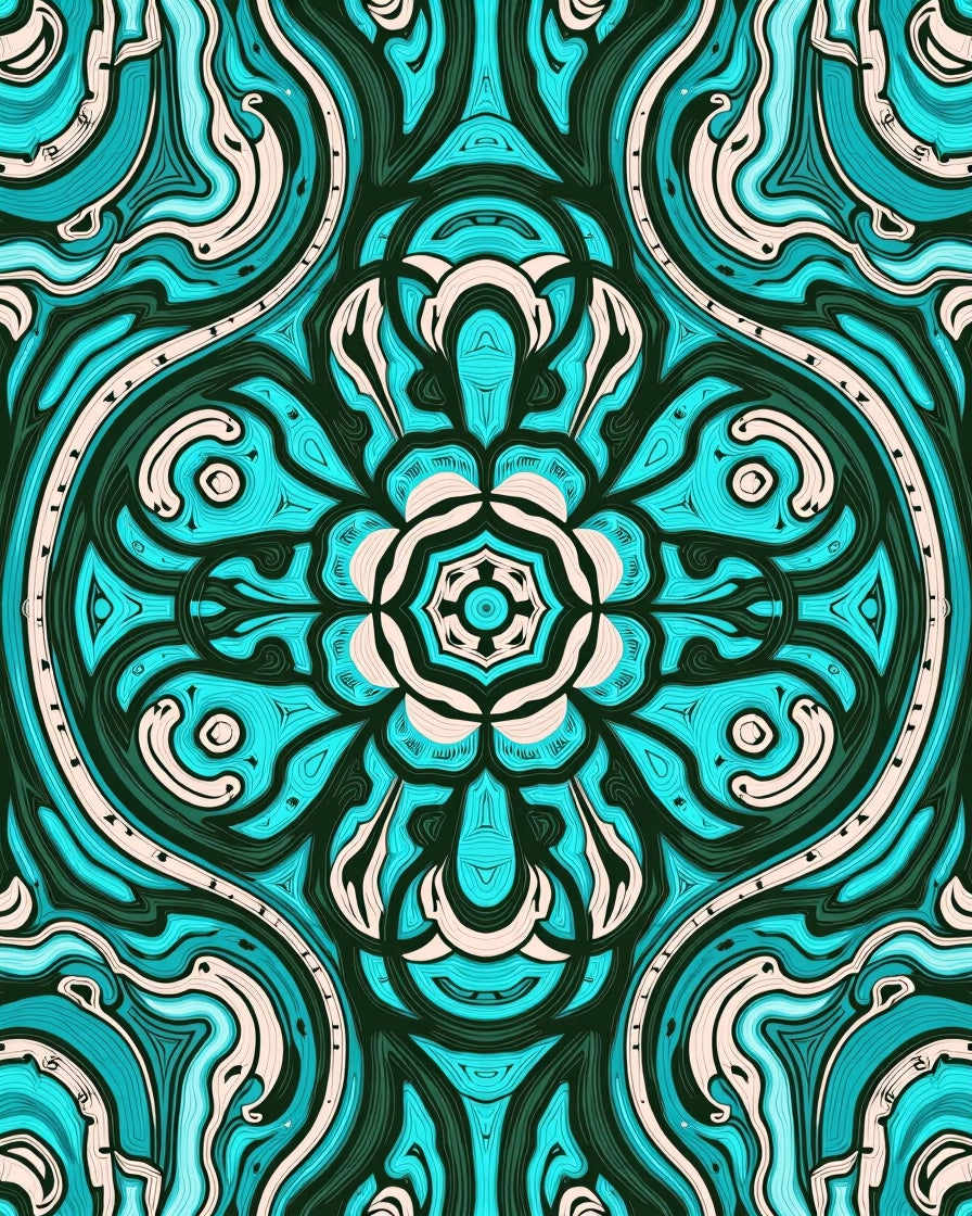 Aqua Teal Ivory Symmetric Floral Rug