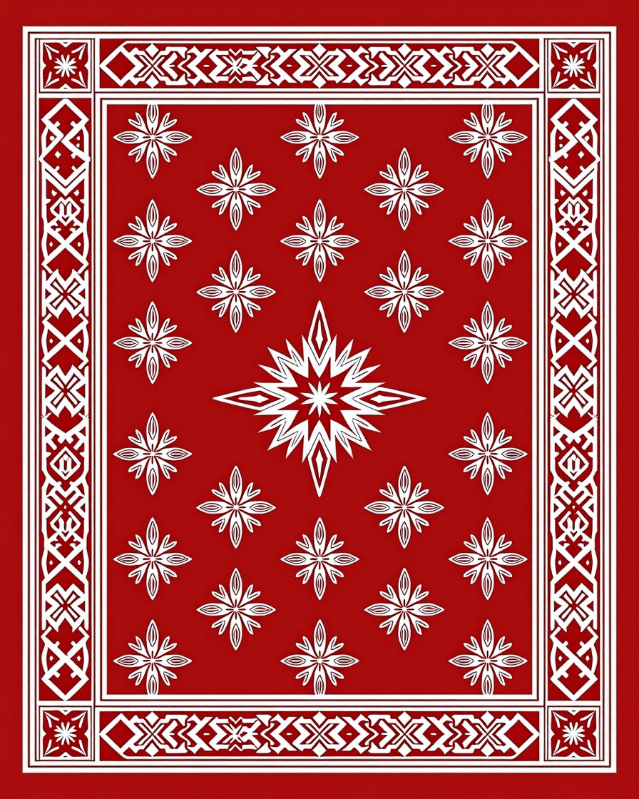 Red White Geometric Starburst Border Rug