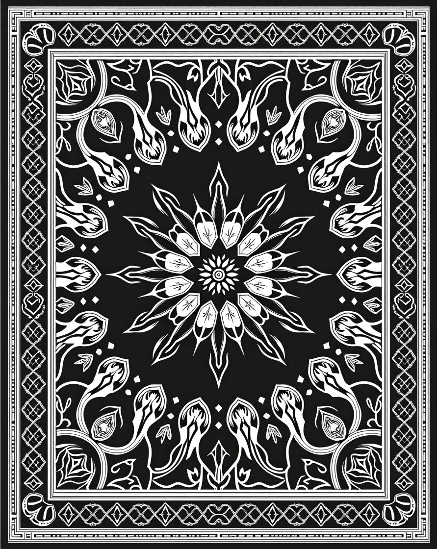 Black White Floral Starburst Mandala Rug